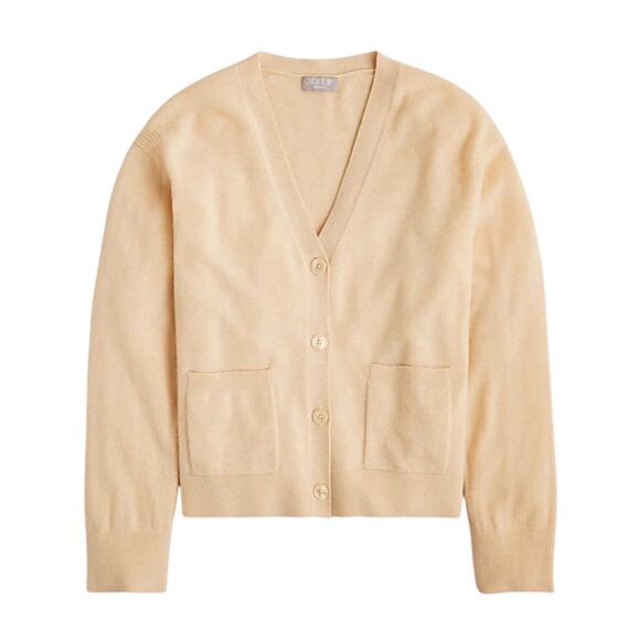 J.Crew 100% Cashmere Cardigan Sweater Beige Front Pockets Medium NWT - Picture 1 of 7